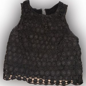Black Floral Light Knit Design Crop Top with Partial Mesh Texture